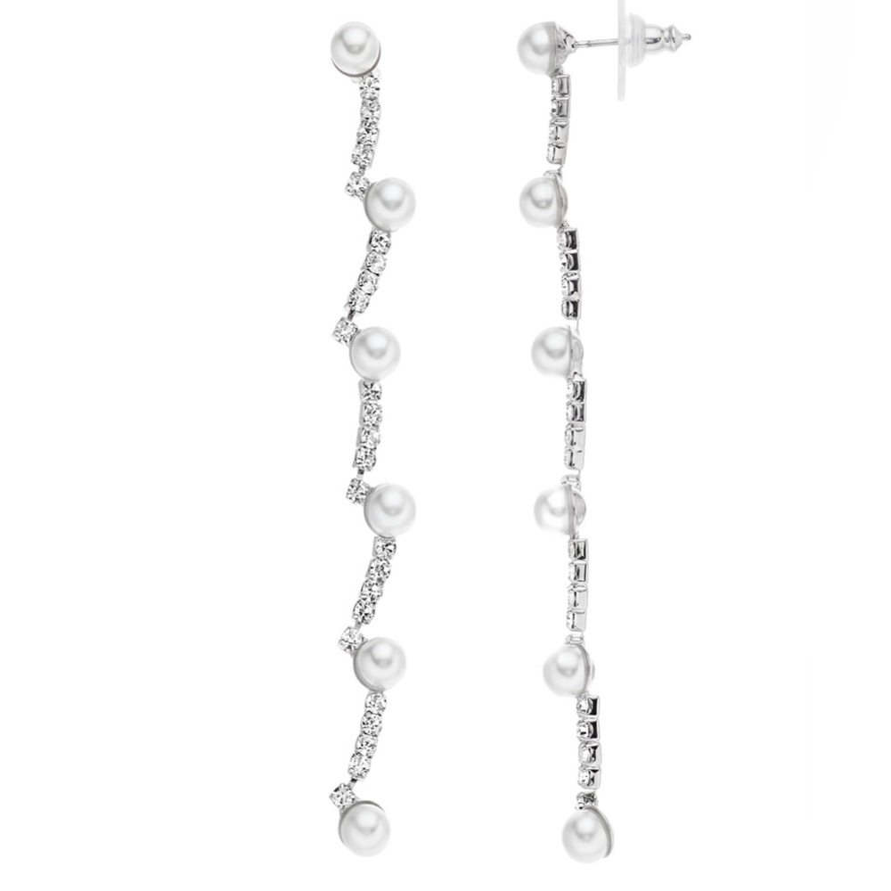 Silver Tone FIne Linear Simulated Pearl And Crystal Nickel Free